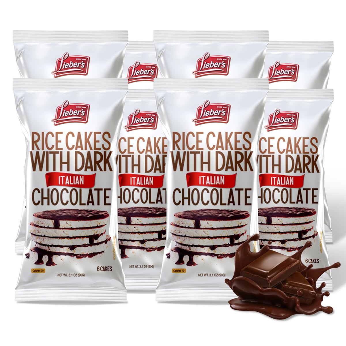 Lieber's dark chocolate rice cakes pack-8, a convenient dairy-free snack for on-the-go.