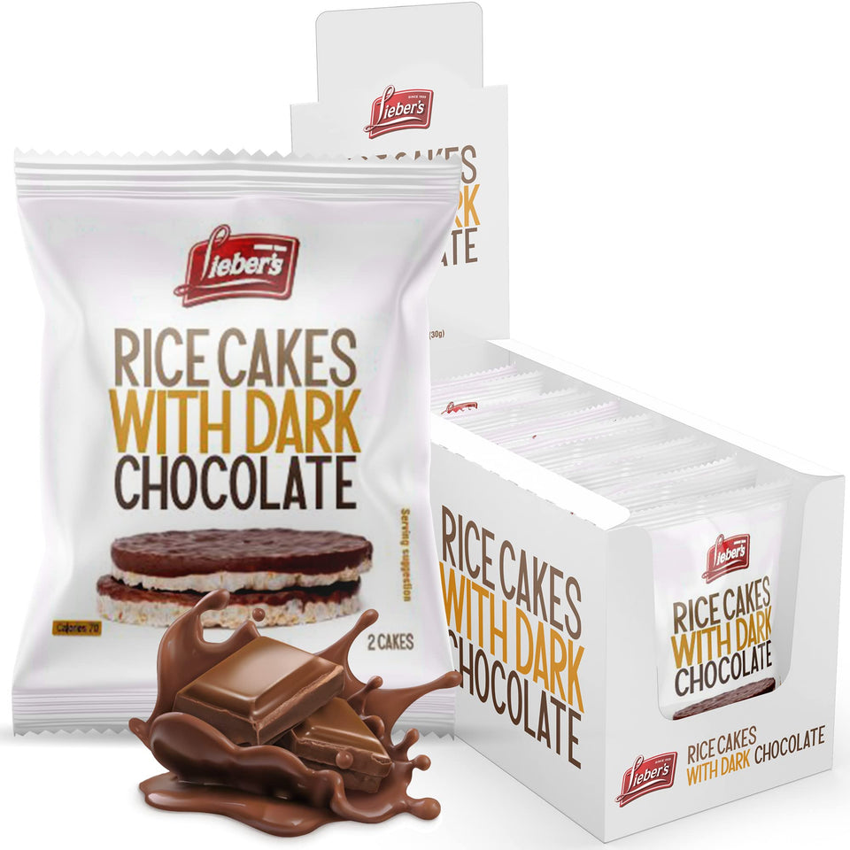 Lieber's dark chocolate rice cakes pack on display, dairy-free and gluten-free snack option.