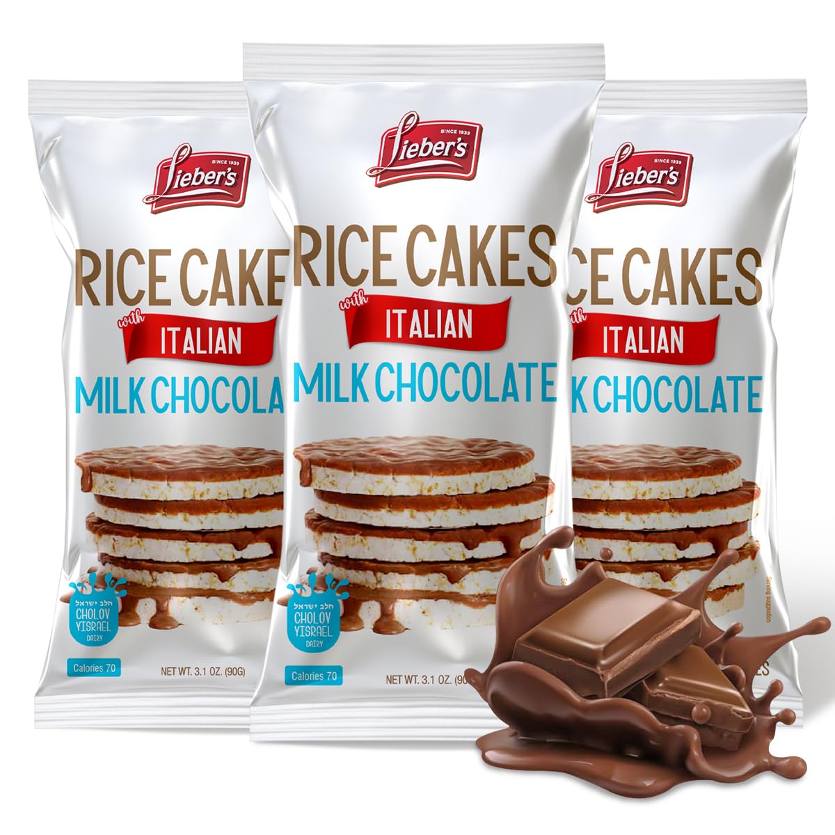 Lieber's Kosher Italian Milk Chocolate Rice Cakes pack-3 for on-the-go snacking