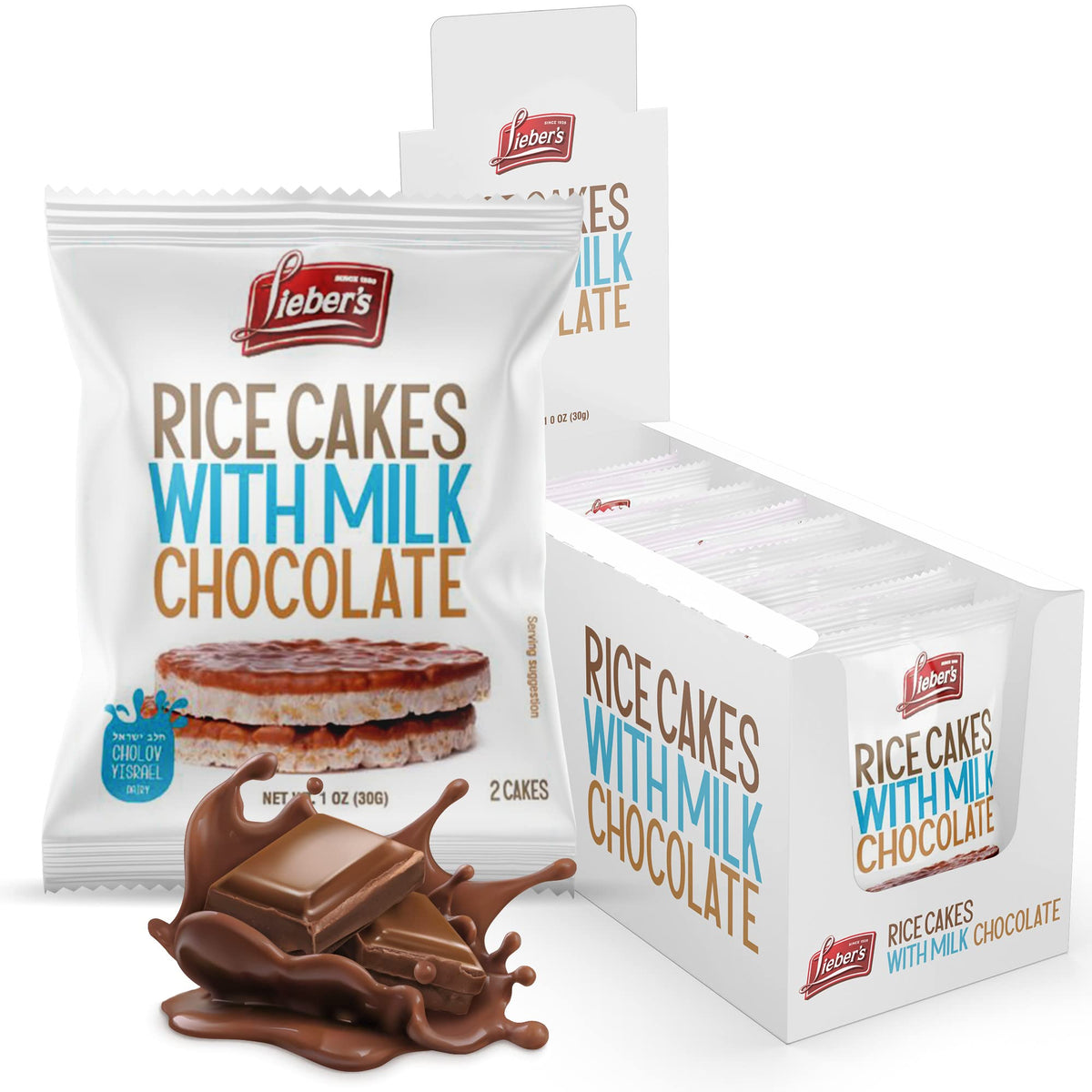 Lieber's Milk Chocolate Rice Cake Snack Pack shown with crisp chocolate bite for on-the-go snacking.