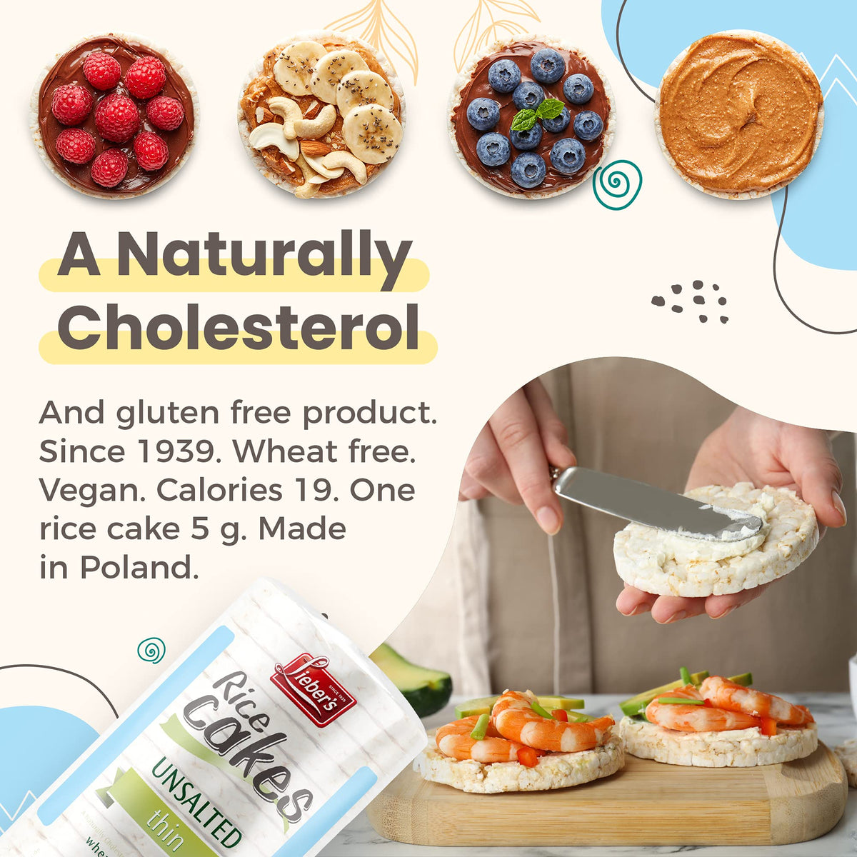 Lieber's rice cakes shelf life up to 600 days, clearly printed.