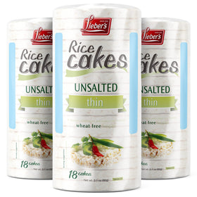 Lieber's unsalted rice cakes pack-3 on display, a light gluten-free snack.