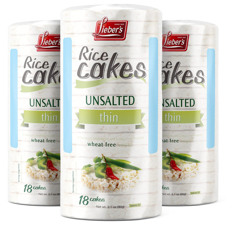 Lieber's unsalted rice cakes pack-3 on display, a light gluten-free snack.