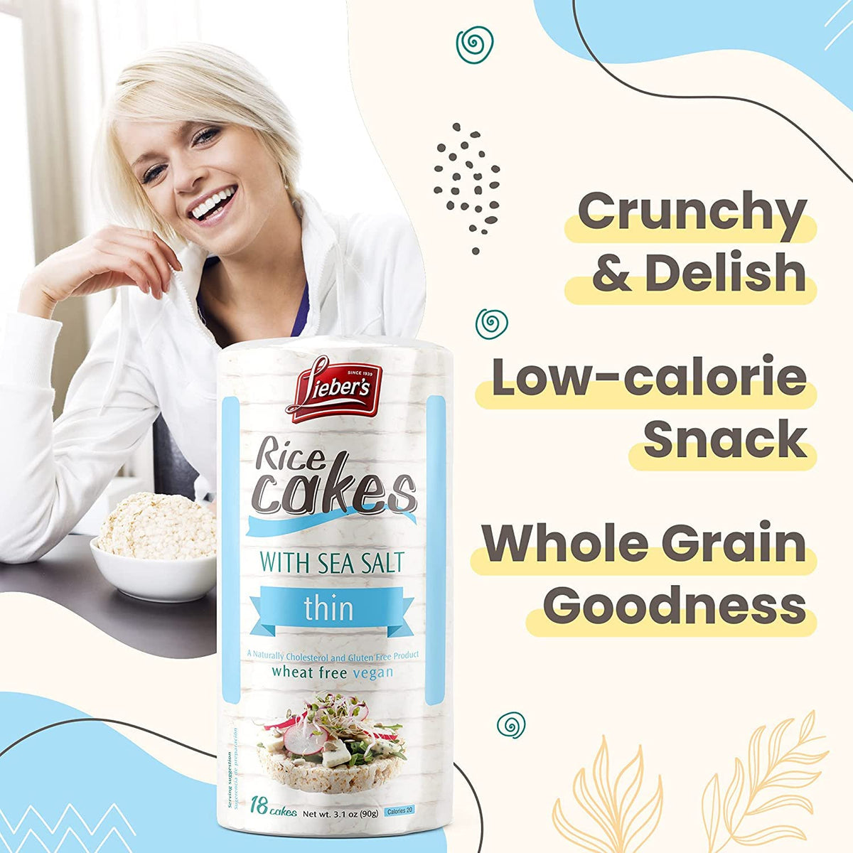 Lieber's Rice Cakes dairy-free packaging for versatile diets.