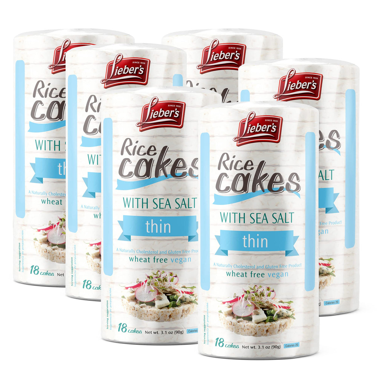 Lieber's Thin Rice Cakes Sea Salt six-pack on display, versatile for snacks.