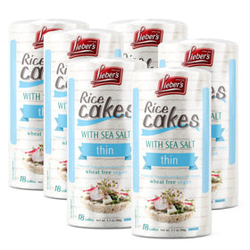 Lieber's Thin Rice Cakes Sea Salt six-pack on display, versatile for snacks.