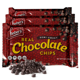 Lieber's vegan semi-sweet chips in a bag for gluten-free baking.