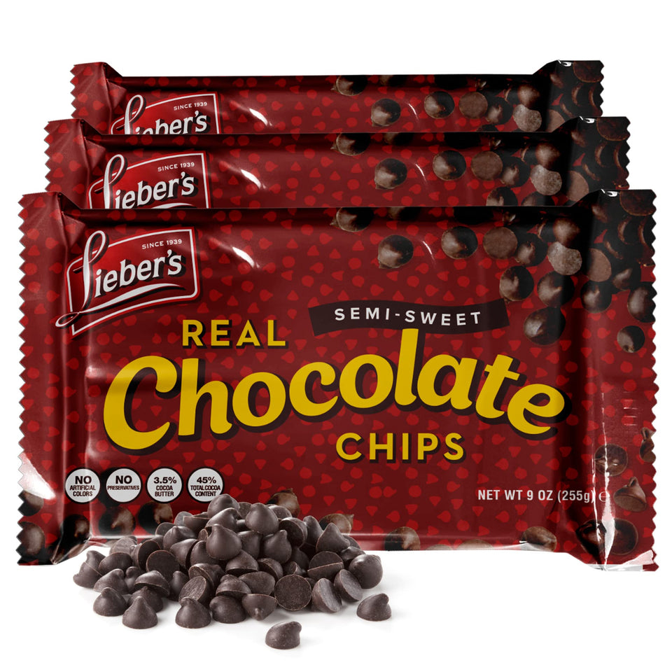 Lieber's vegan semi-sweet chips in a bag for gluten-free baking.