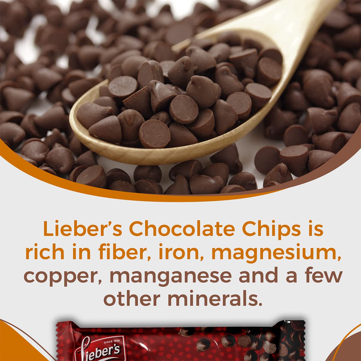 Close-up of Lieber's vegan semi-sweet chips with glossy melt-ready texture.