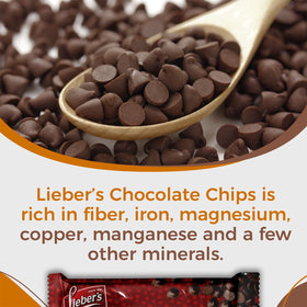 Close-up of Lieber's vegan semi-sweet chips with glossy melt-ready texture.