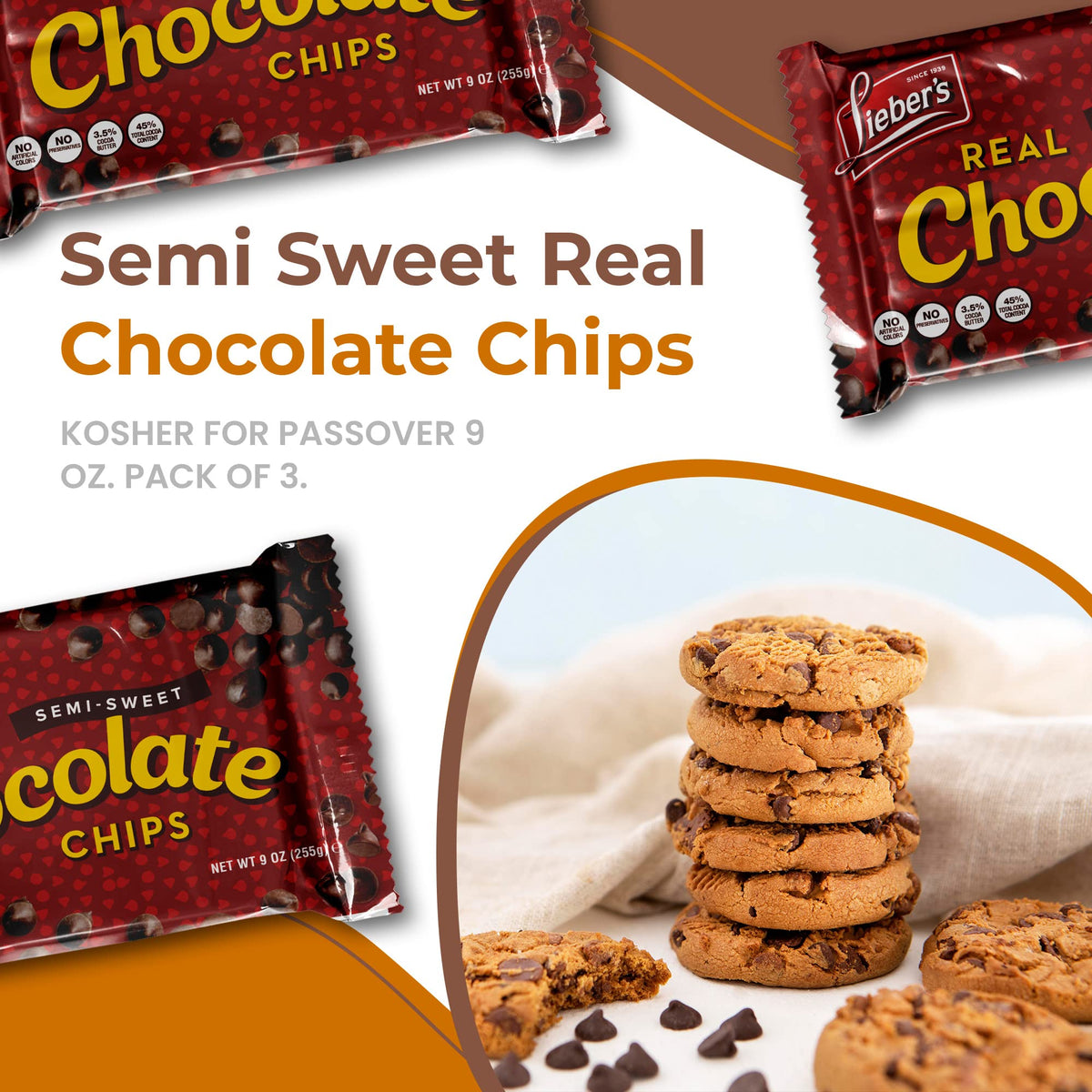 Snack-ready Lieber's vegan semi-sweet chips ideal for quick cravings.