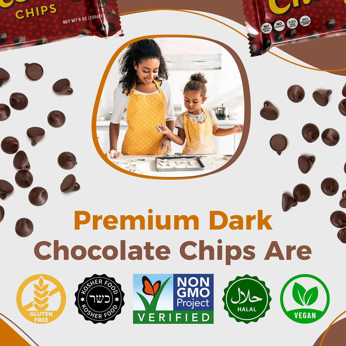 Close-up of Lieber’s chocolate chips showing cocoa content for flavor