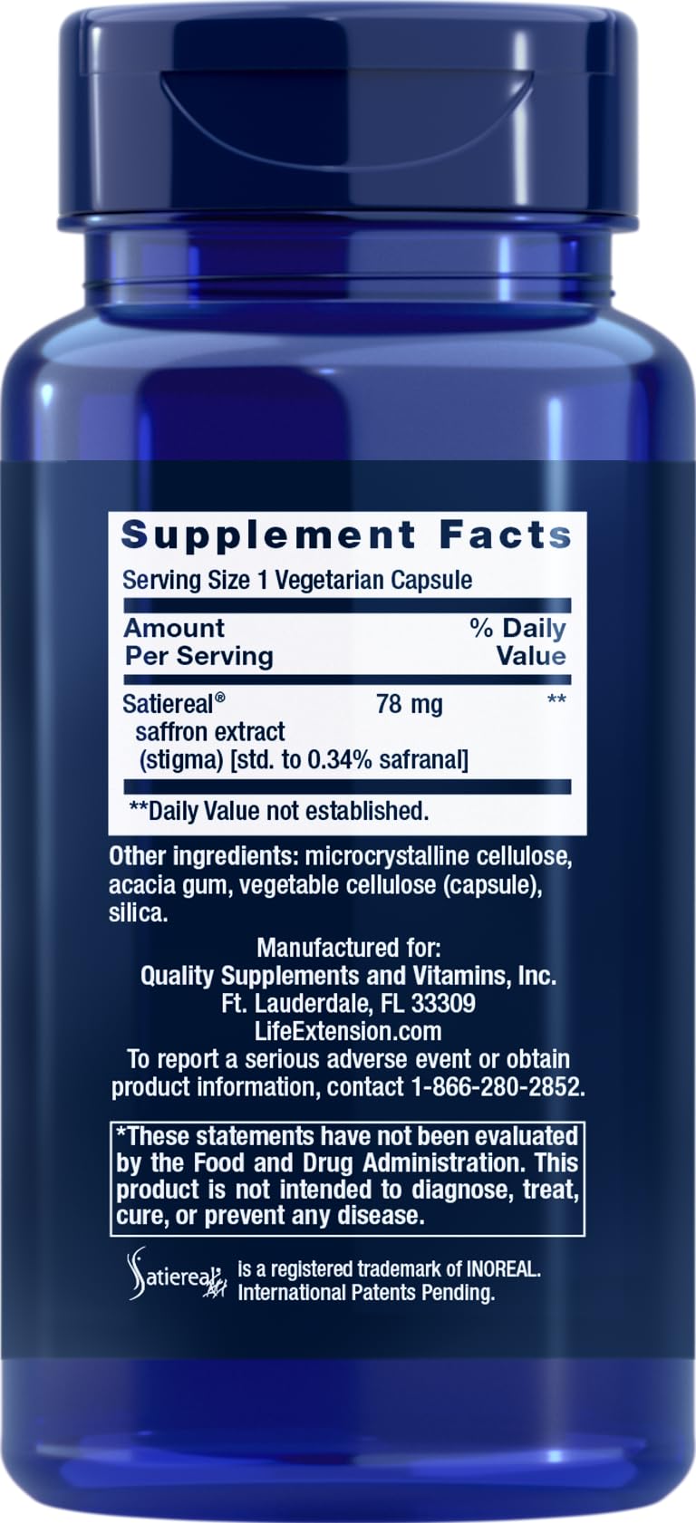Life Extension Saffron Extract bottle back showing premium non-GMO formula