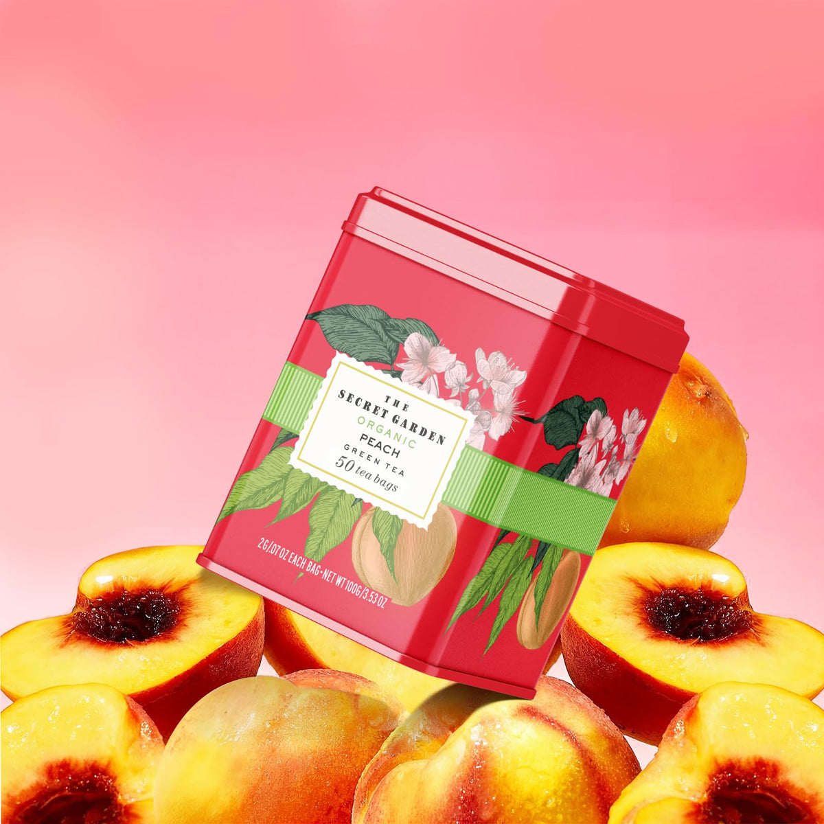 Life Plus Style Gourmet Peach Green Tea bags closeup highlights real peach flavor and convenient daily use.