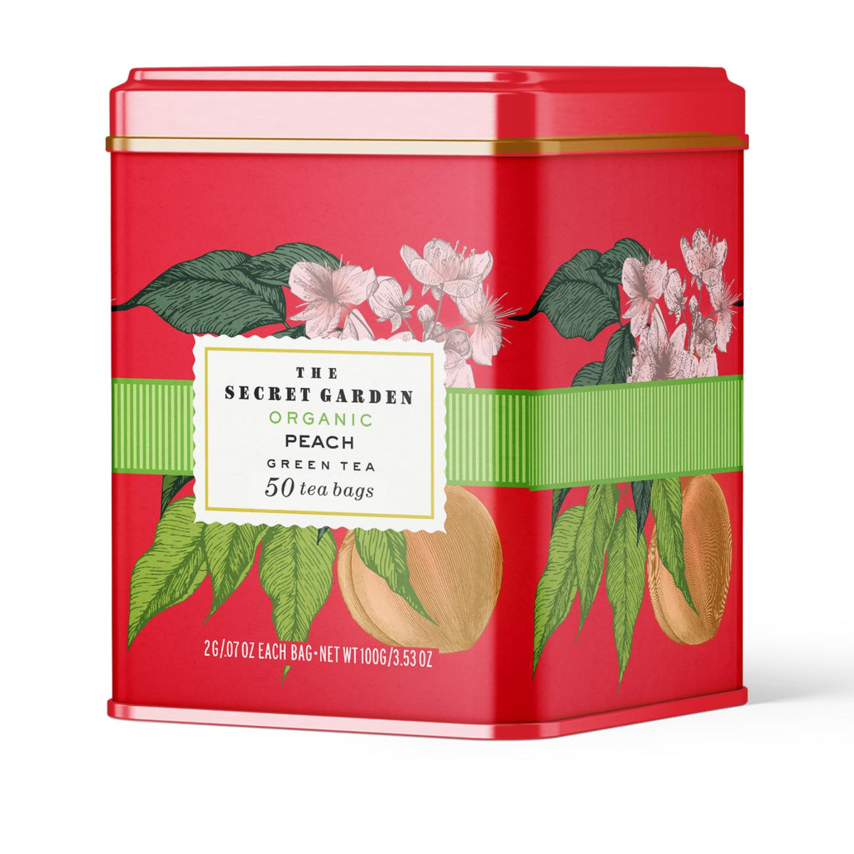 Life Plus Style Gourmet Secret Garden Peach Green Tea box shows organic quality for inviting tea moments.