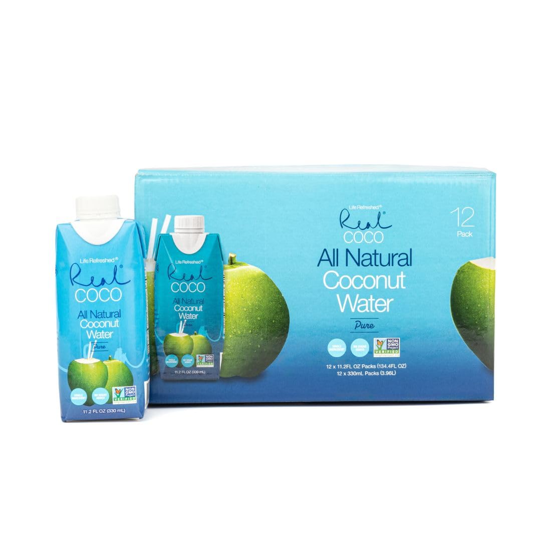 Life Refreshed Real Coco bottle closeup — pure coconut water for natural hydration and electrolytes.