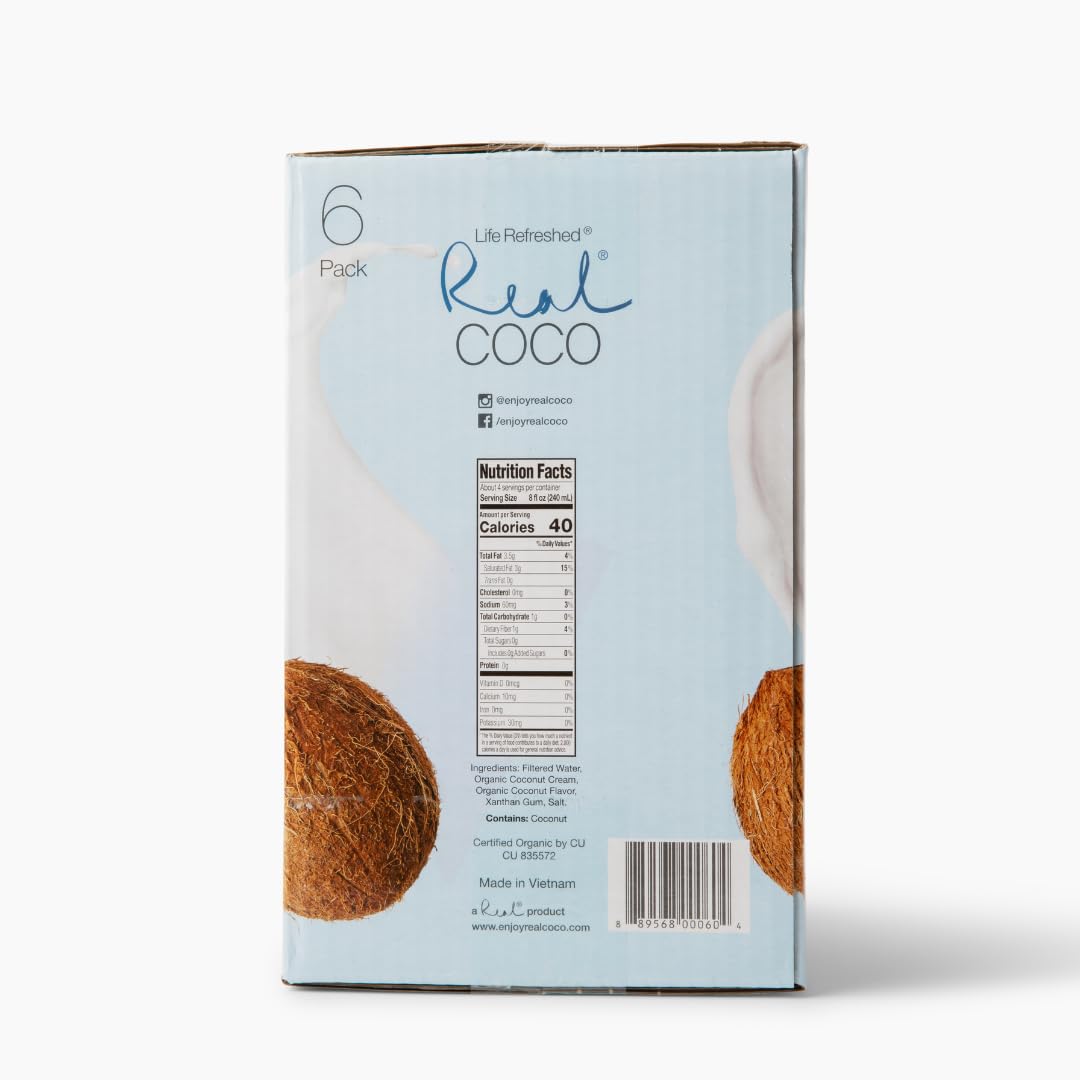 Real Coco coconut milk pour highlights creamy texture for coffee and smoothies.