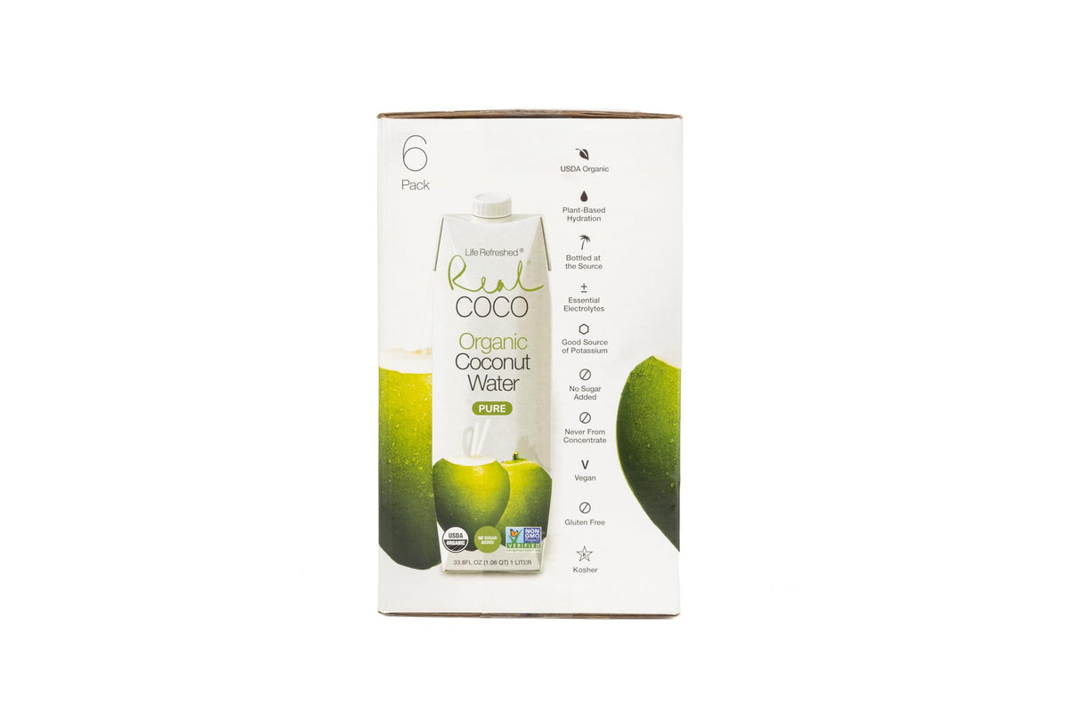 Life Refreshed Real Coco coconut water 1L bottle close-up highlighting fresh taste.