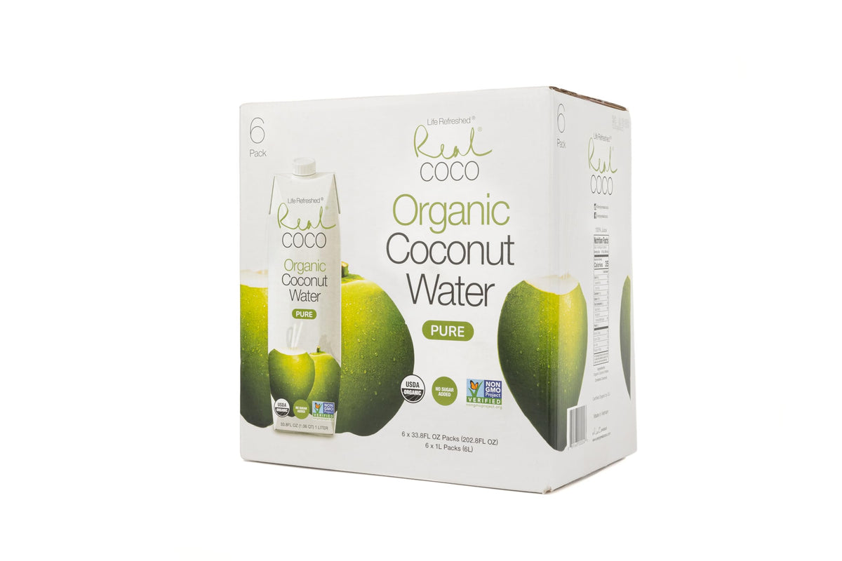 Life Refreshed Real Coco coconut water organic certification badge visible.