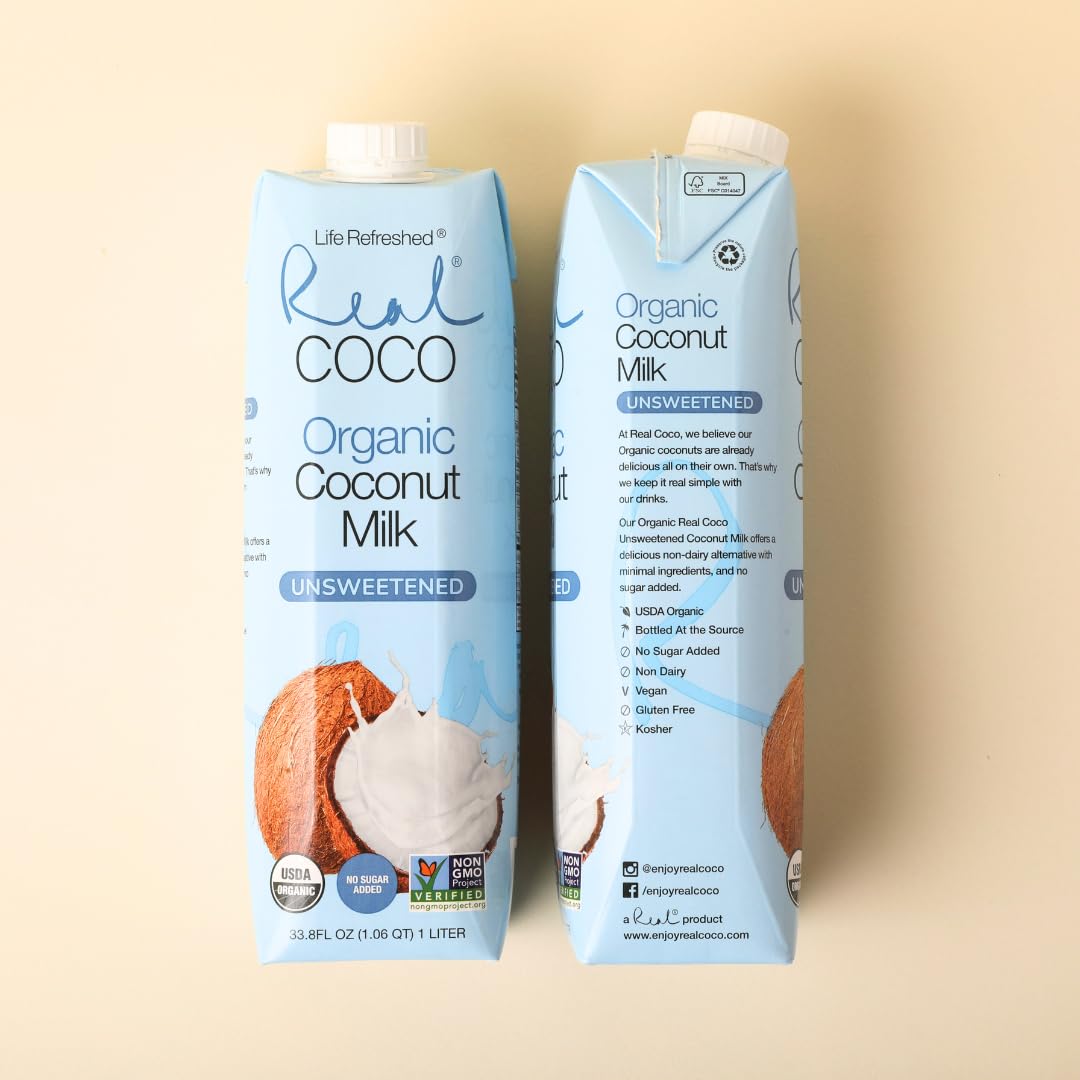 Life Refreshed Real Coco organic coconut milk bottle ideal for vegan cooking.