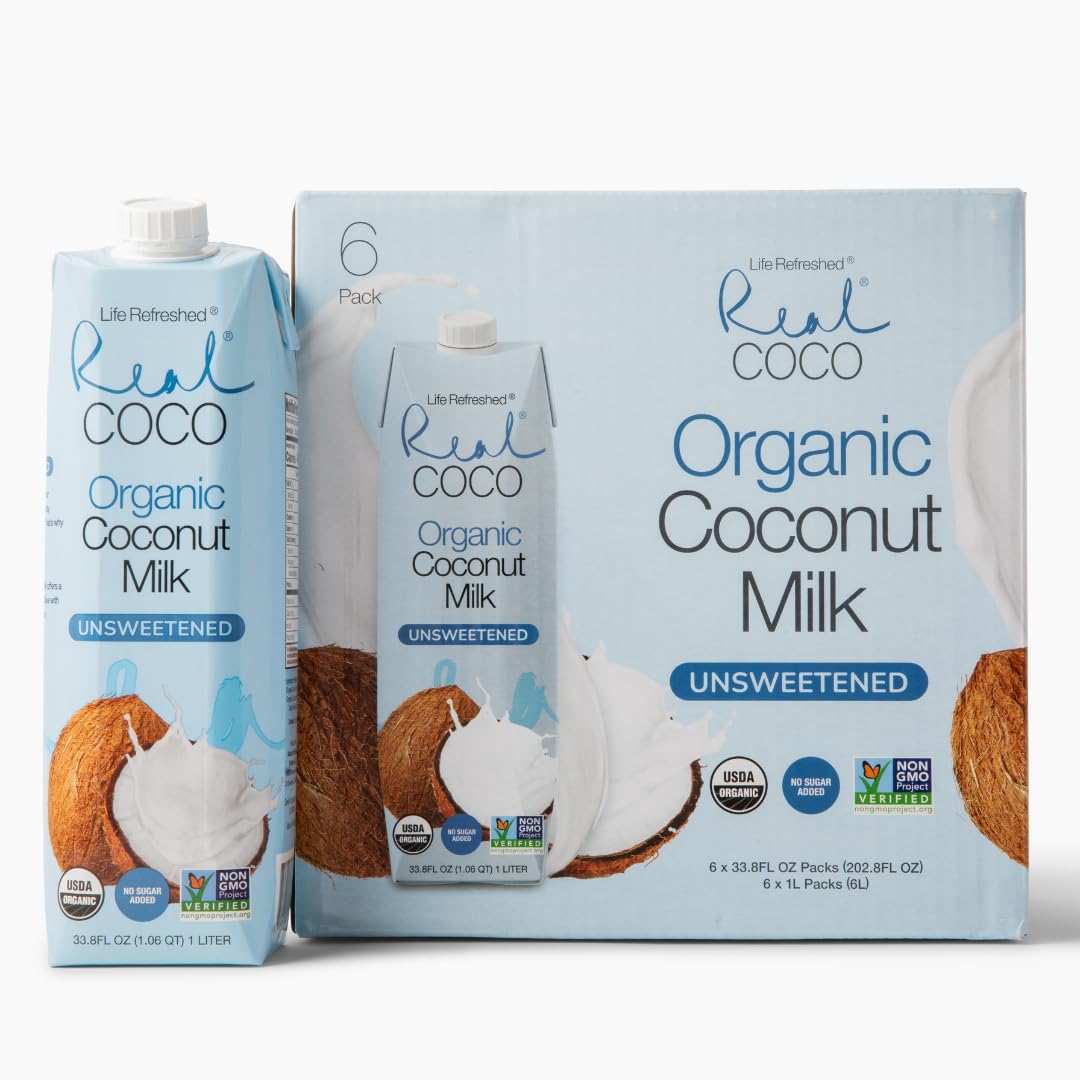 Life Refreshed Real Coco coconut milk bottle shows organic, non-GMO goodness for smoothies.