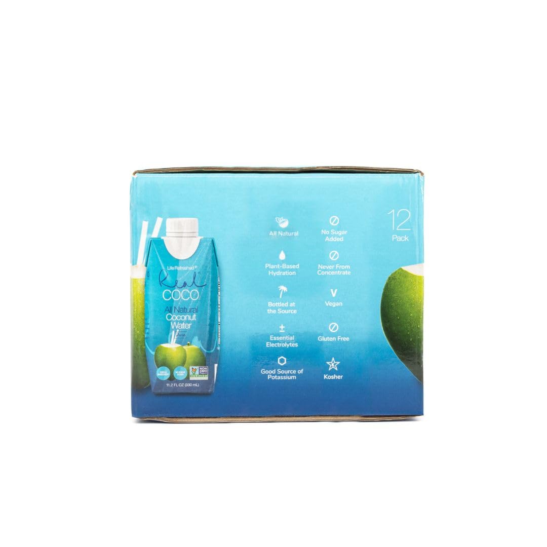Life Refreshed Real Coco pour gesture — ready-to-drink coconut water for refreshment.
