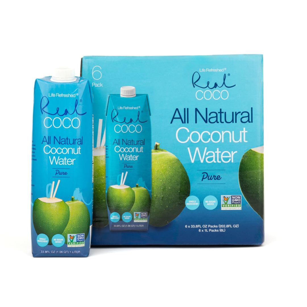 Life Refreshed Real Coco coconut water bottle-pour offers refreshing hydration anytime.