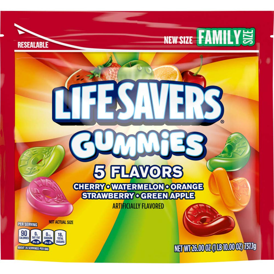 Life Savers 5 Flavor Gummies bag shows a colorful assortment for on-the-go snacking.