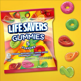 Life Savers Gummies variety of five flavors shown in close-up for tasting variety.