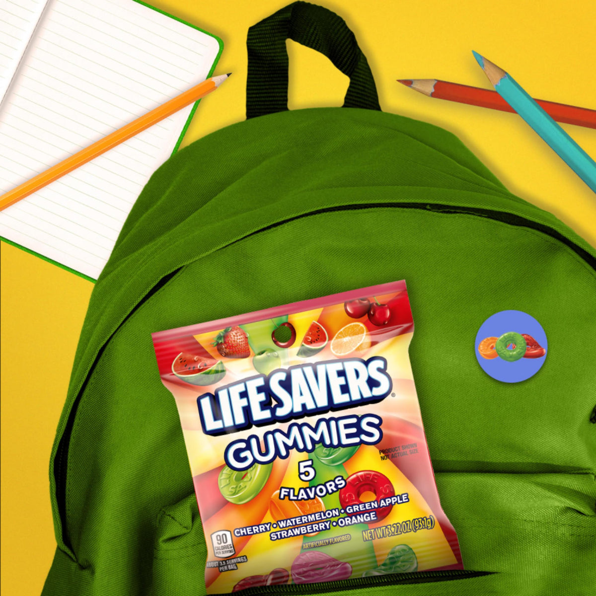 Life Savers Gummies pictured on a road trip setup, convenient travel snack.