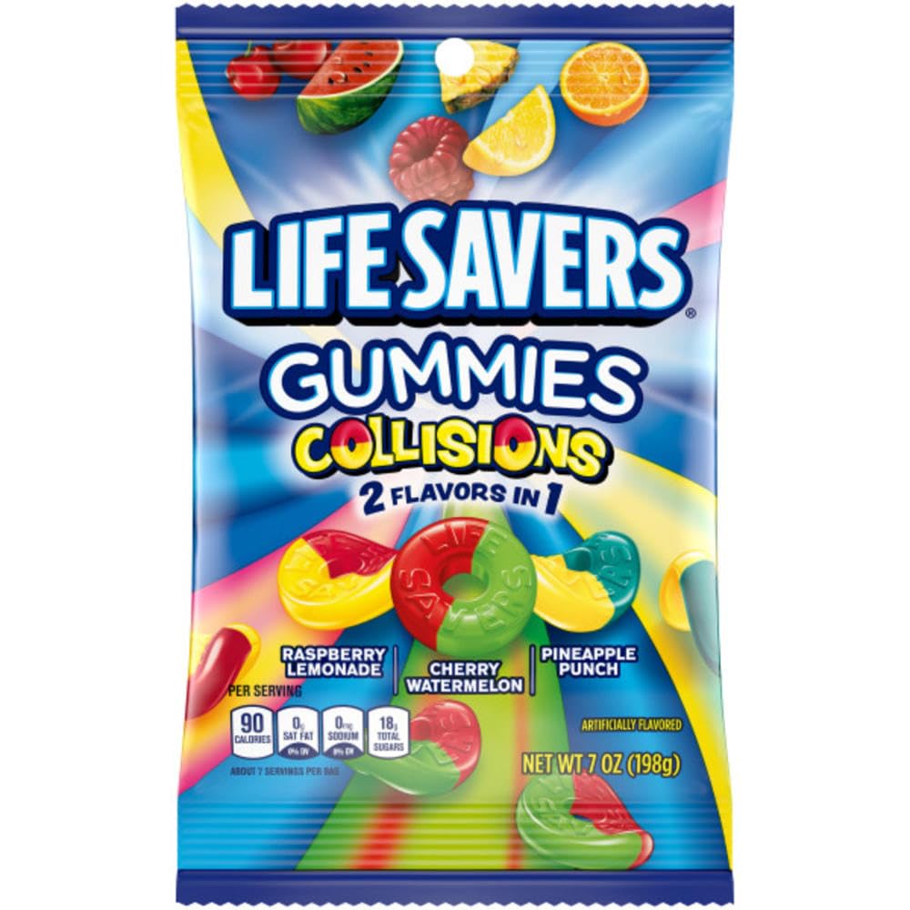 Life Savers Collision Gummies bag packaging shows a colorful five-flavor mix for on-the-go snacking.