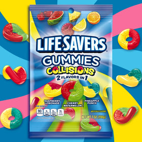 Life Savers Collision Gummies close-up highlights five flavors ready for quick treats.