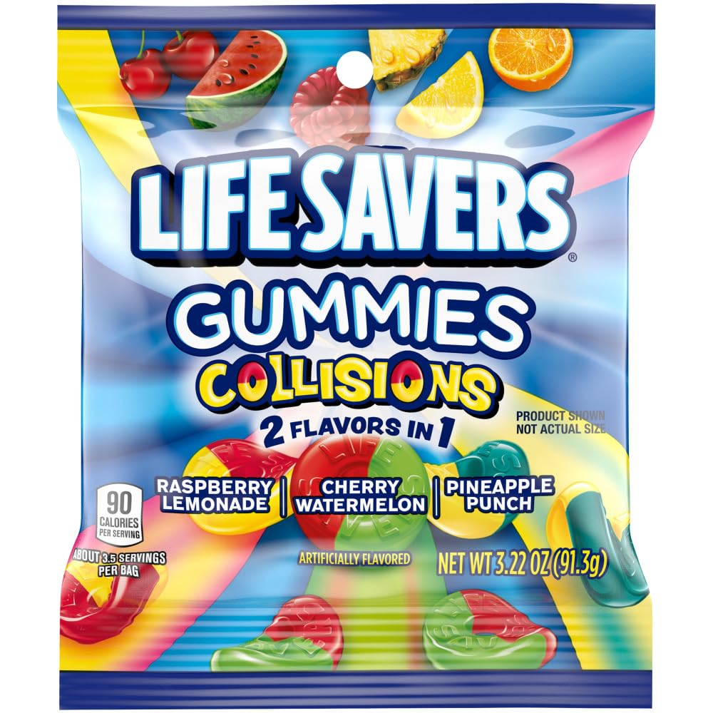 Life Savers Collisions gummy candy pack with twelve 3.22 oz bags, ideal for sharing.