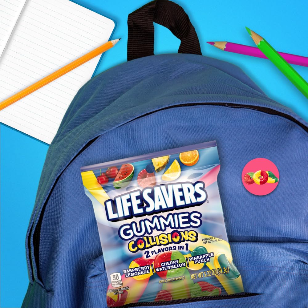 Life Savers Collisions soft, chewy gummies with a vibrant texture for snacking.