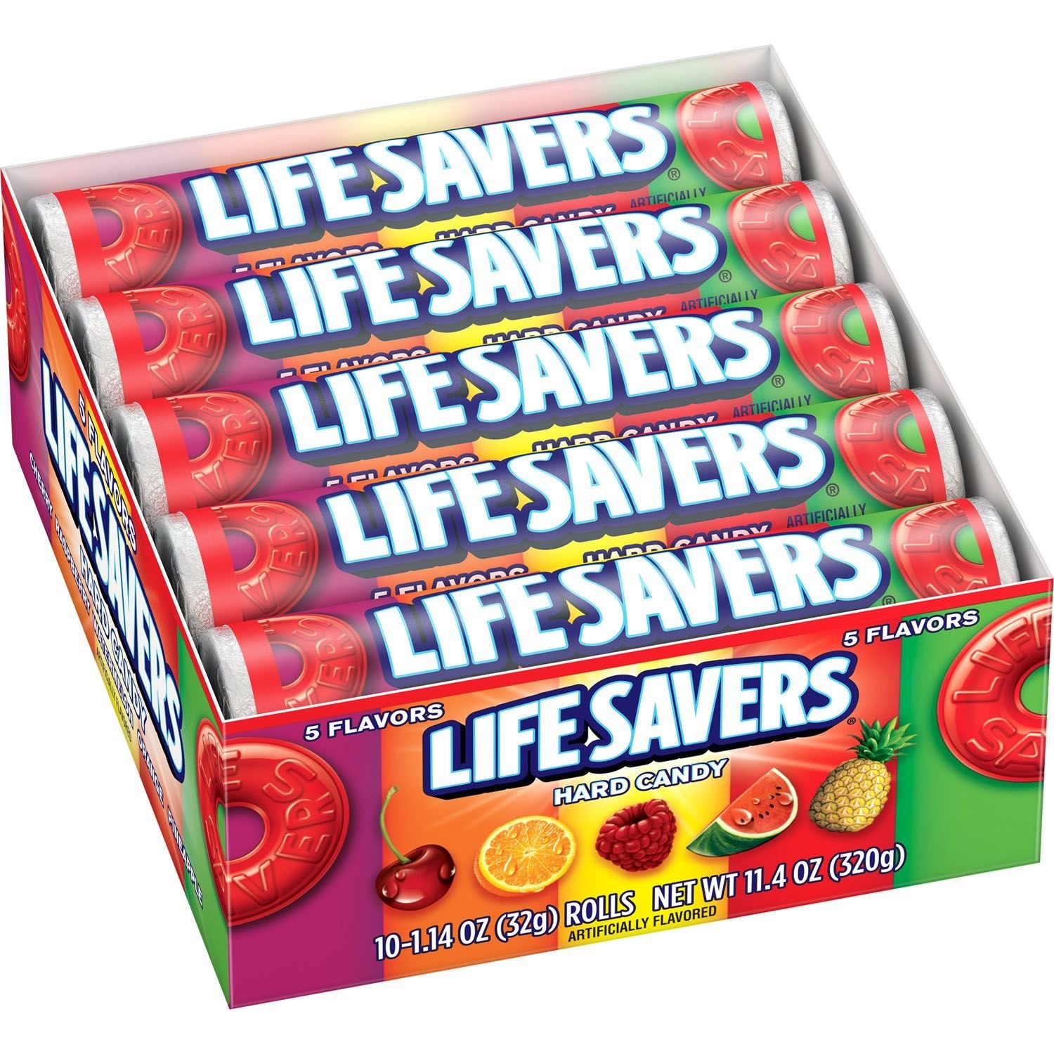 Life Savers Five Flavors hard candy packaging shown for on-the-go snacking and sharing.