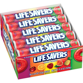 Life Savers Five Flavors hard candy packaging shown for on-the-go snacking and sharing.