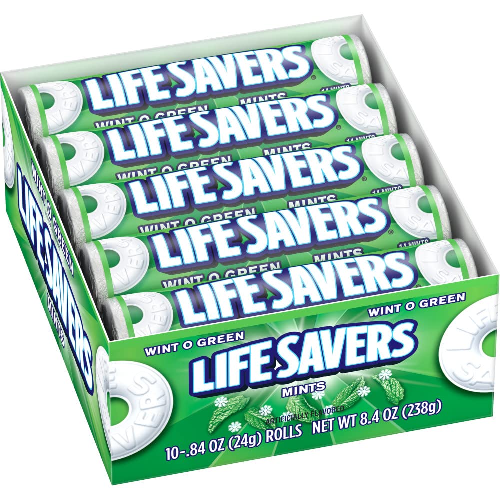 Life Savers Mints Wint-O-Green rolls in box ready for portable freshness.