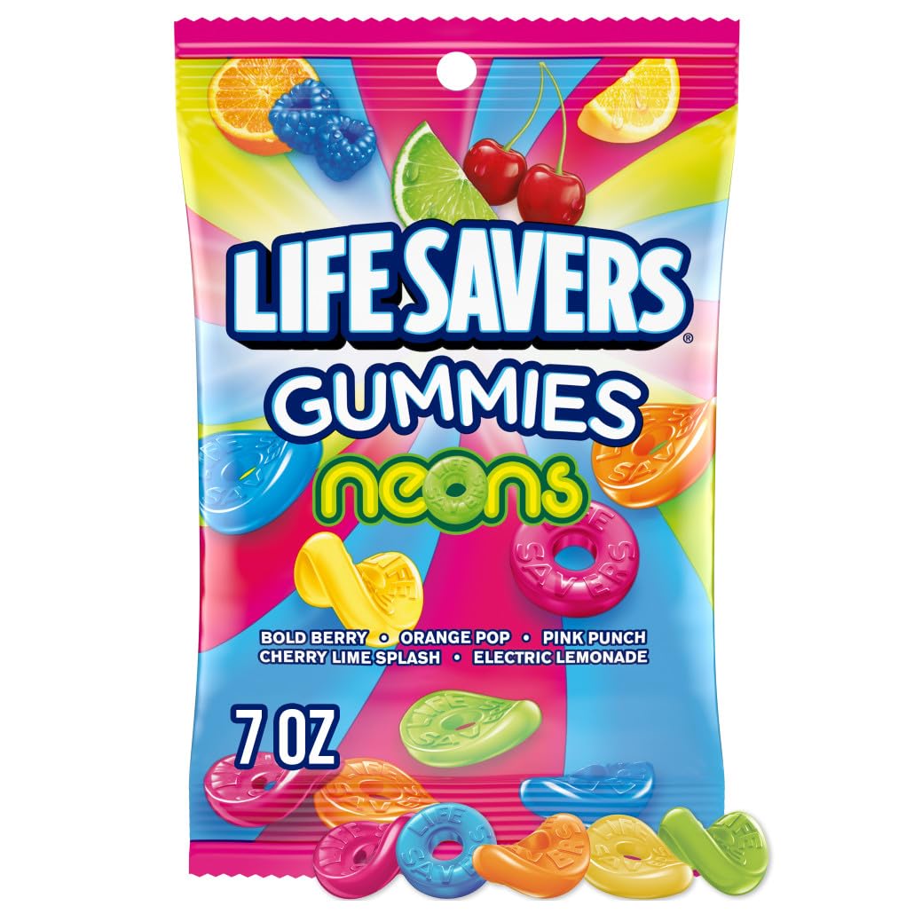Life Savers Neons gummies in a 7 oz bag for on-the-go fruity snacking