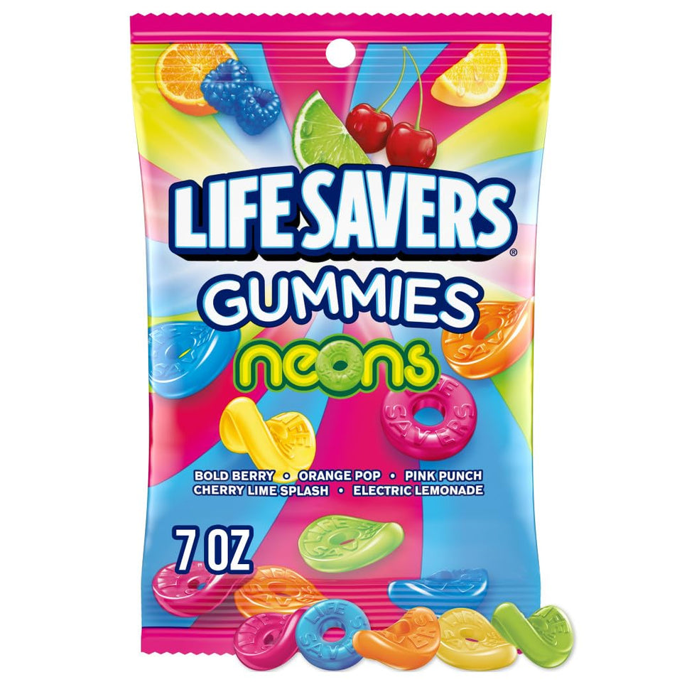 Life Savers Neons gummies in a 7 oz bag for on-the-go fruity snacking
