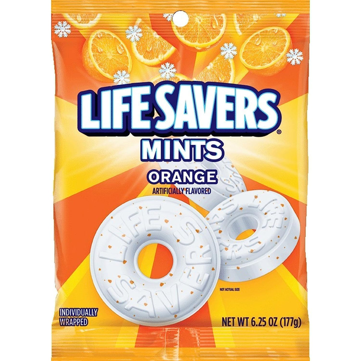 Life Savers Orange Mint three-pack display, ideal for sharing at home or office.
