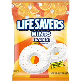 Life Savers Orange Mints packaging, 12 individually wrapped packs, ideal for sharing at the office.