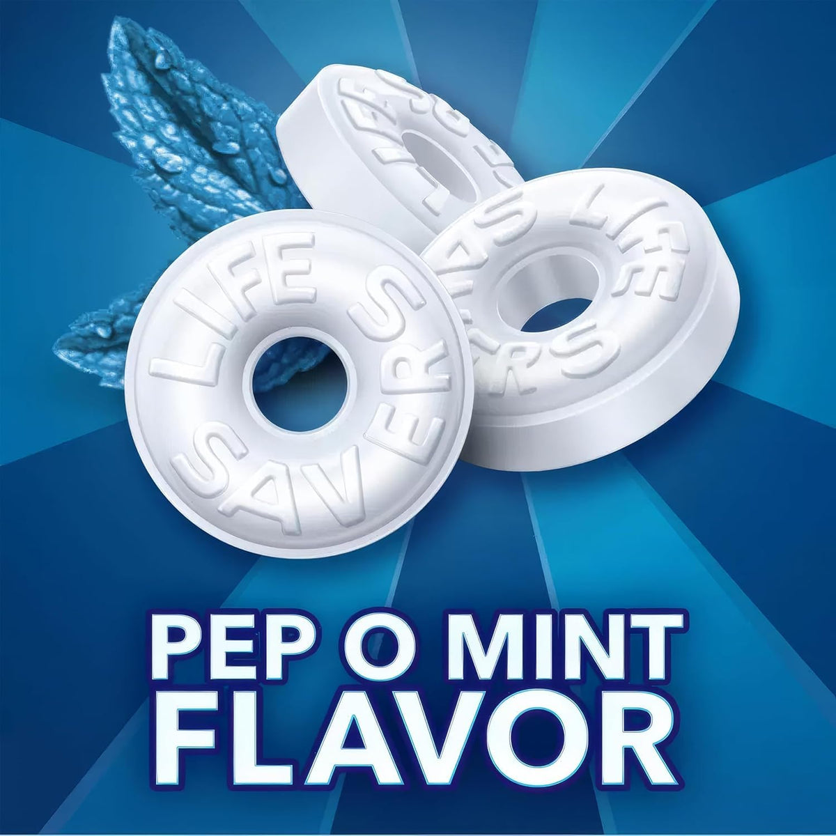 Life Savers Pep O Mint closeup reveals crisp mint candies.