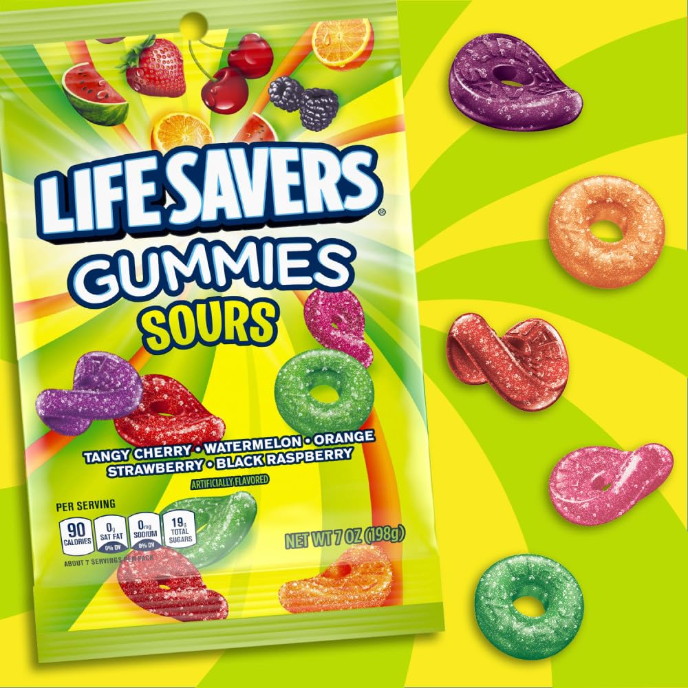 Life Savers Sour Gummy Candy Variety Pack display, great for sharing at parties.
