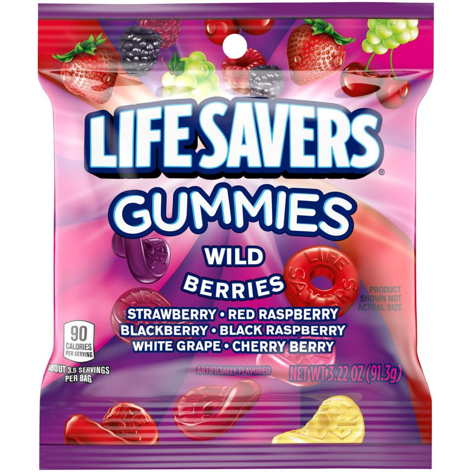 Life Savers Wild Berries gummies pack front view, quick desk-side snack appeal.
