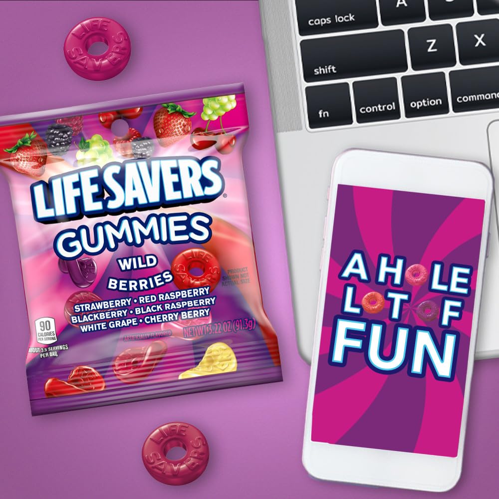Life Savers Wild Berries gummies on a road-trip setup for snacking.
