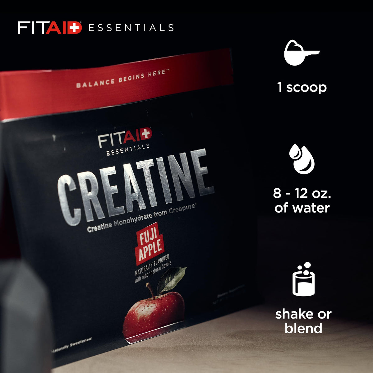 LIFEAID FITAID Creatine powder glass with Fuji Apple flavor.