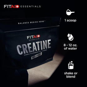 LifeAID FITAID creatine powder label close-up highlighting CreaPure quality and zero sugar.