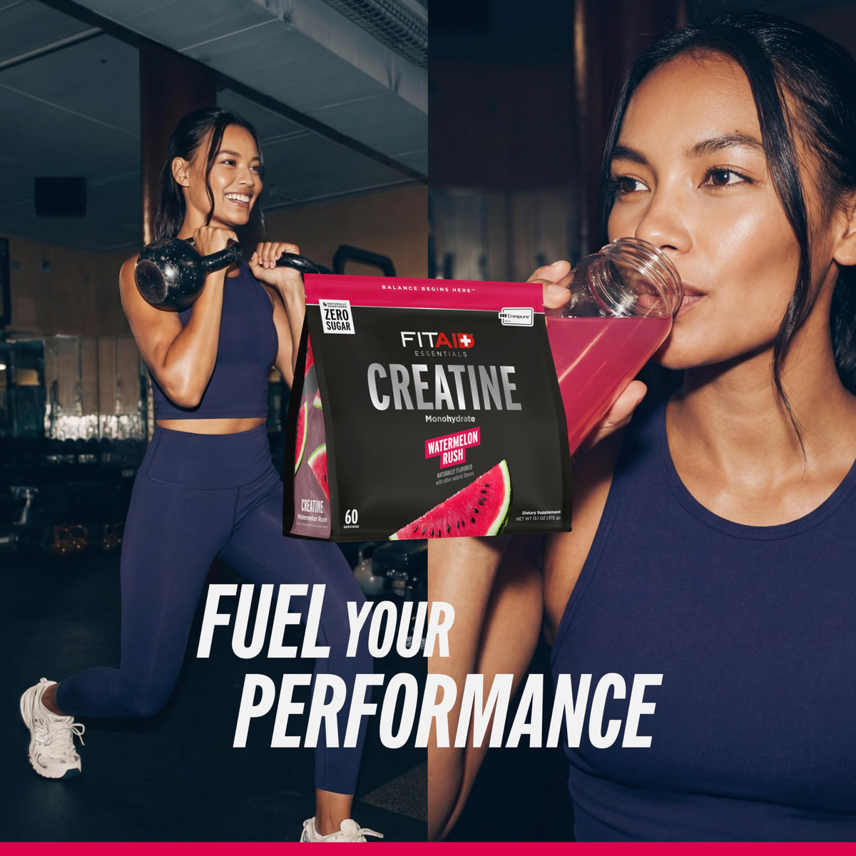 Glass with mixed FITAID Creatine Watermelon Rush showing refreshing color and texture.
