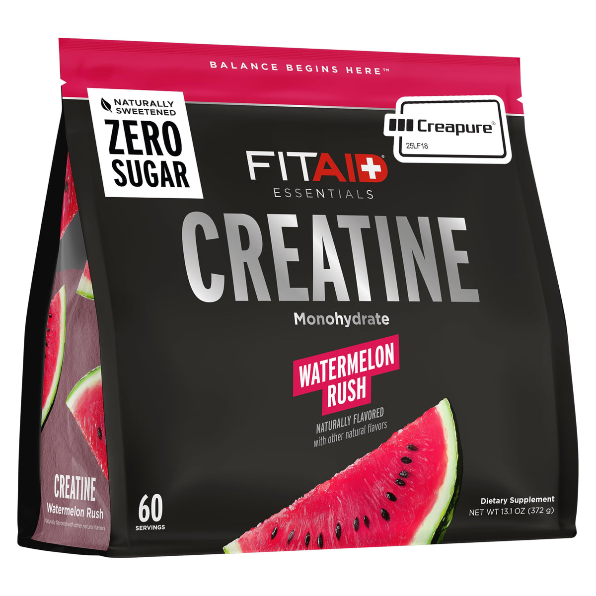 FITAID Creatine Watermelon Rush tub front with zero sugar formula for daily workout support.