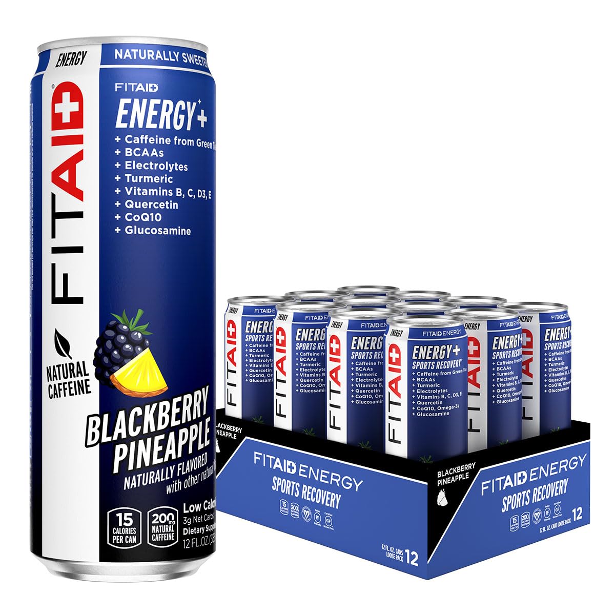 LifeAid FITAID Energy can – blackberry-pineapple flavor – low-calorie boost for workouts.